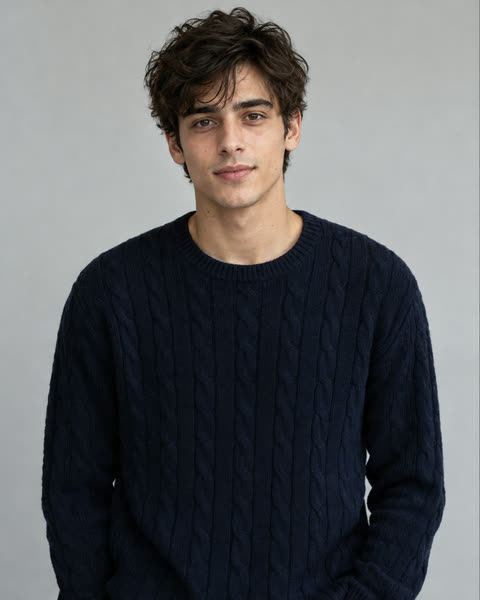 The one photo it was made from: an AI-generated man with dark wavy hair in a navy cable-knit sweater